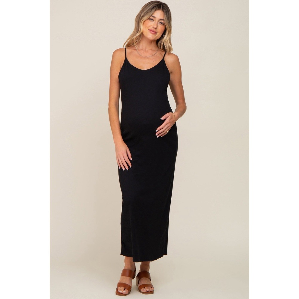 PinkBlush Maternity Dress XL Black Ribbed Maxi Sleeveless EUC Minimalist - Picture 2 of 9